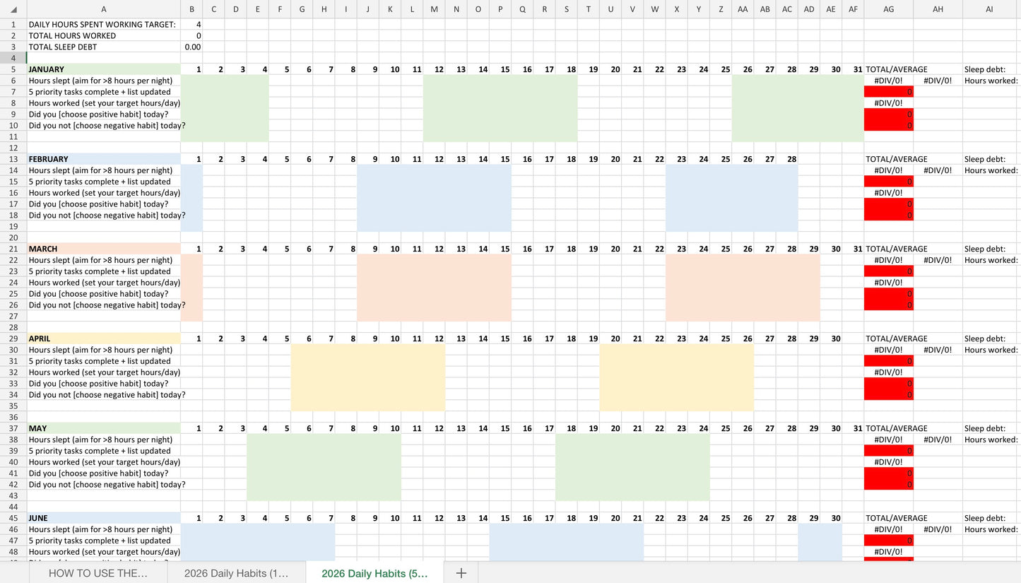 Daily Habits Spreadsheet - 5 Habits